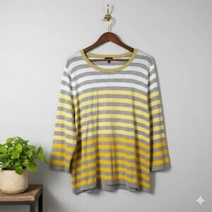Talbots Womens 3X Plus Striped Pullover Sweater Yellow Gray White Knit Top